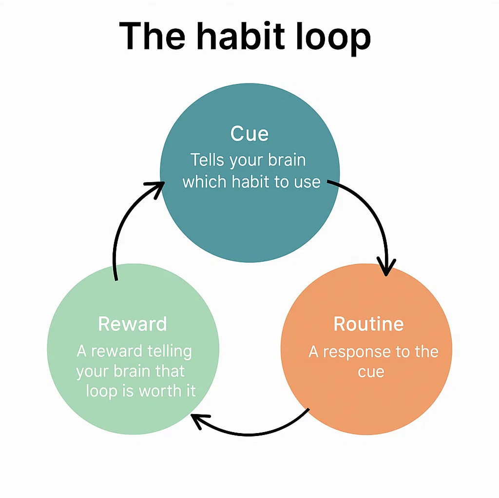 Habit formation cycle showing cue, routine, reward pattern with timeline showing 21-60 days for habit development