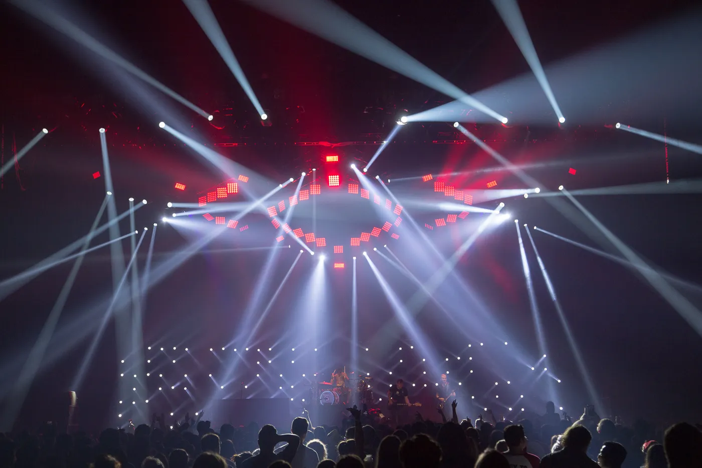 Blink 182 on stage with a spectacular stage show around them