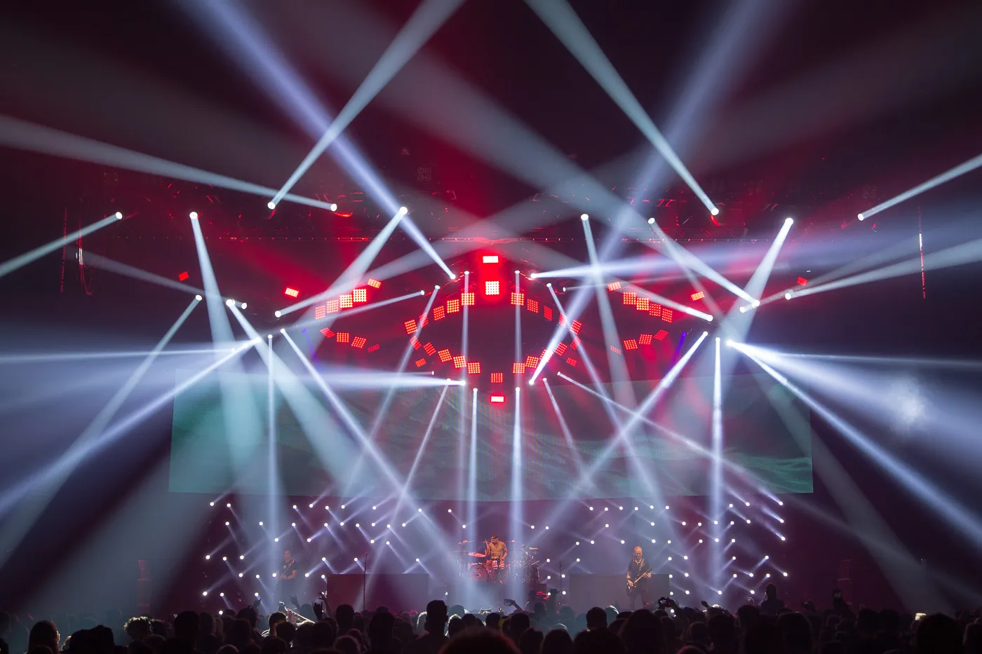 Blink 182 on stage with a spectacular stage show around them