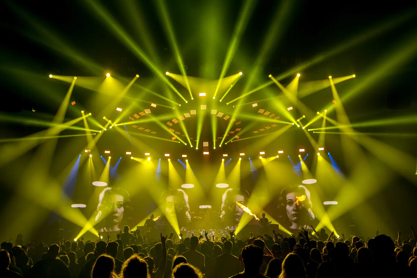 Blink 182 on stage with a spectacular stage show around them