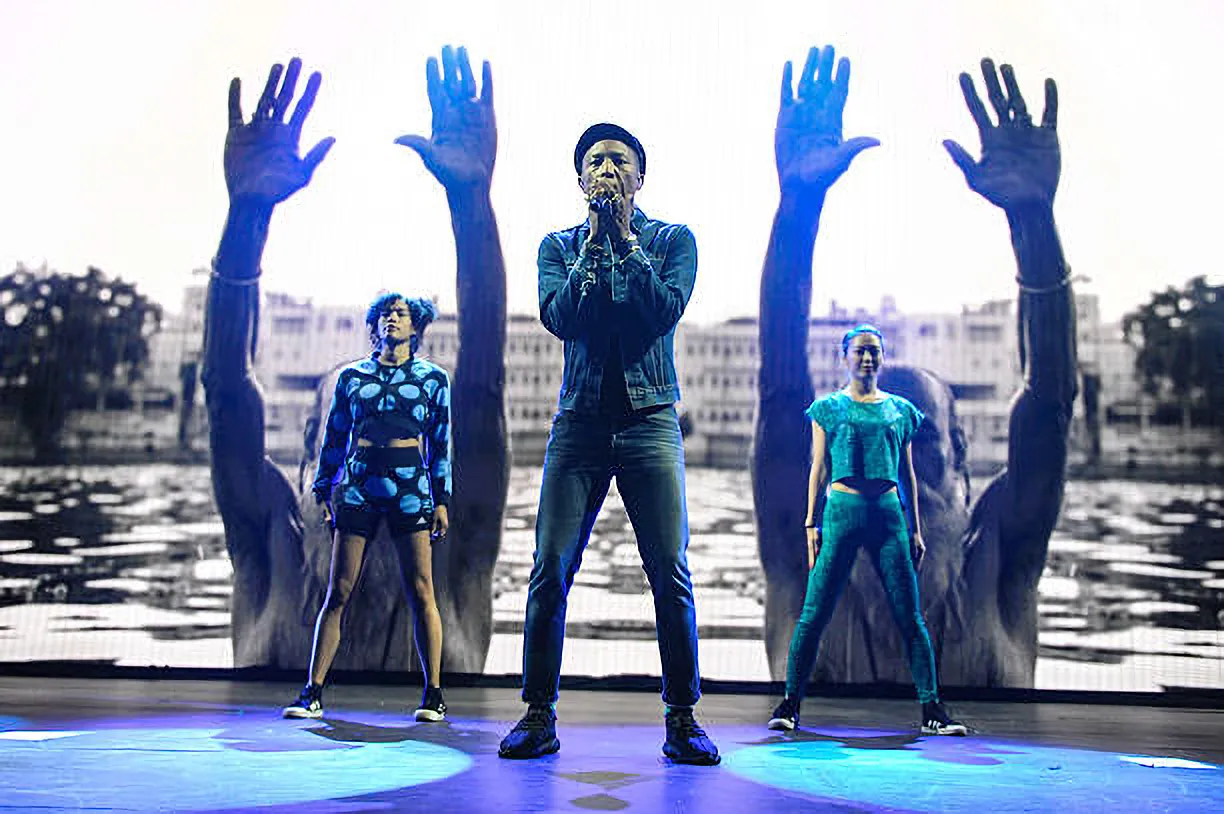 Pharrell Williams performing on the DEAR GIRL tour