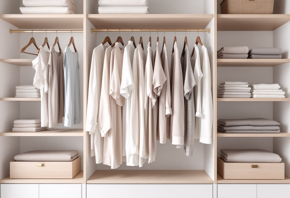 [background image] well-organized wardrobe (for a garment care service)