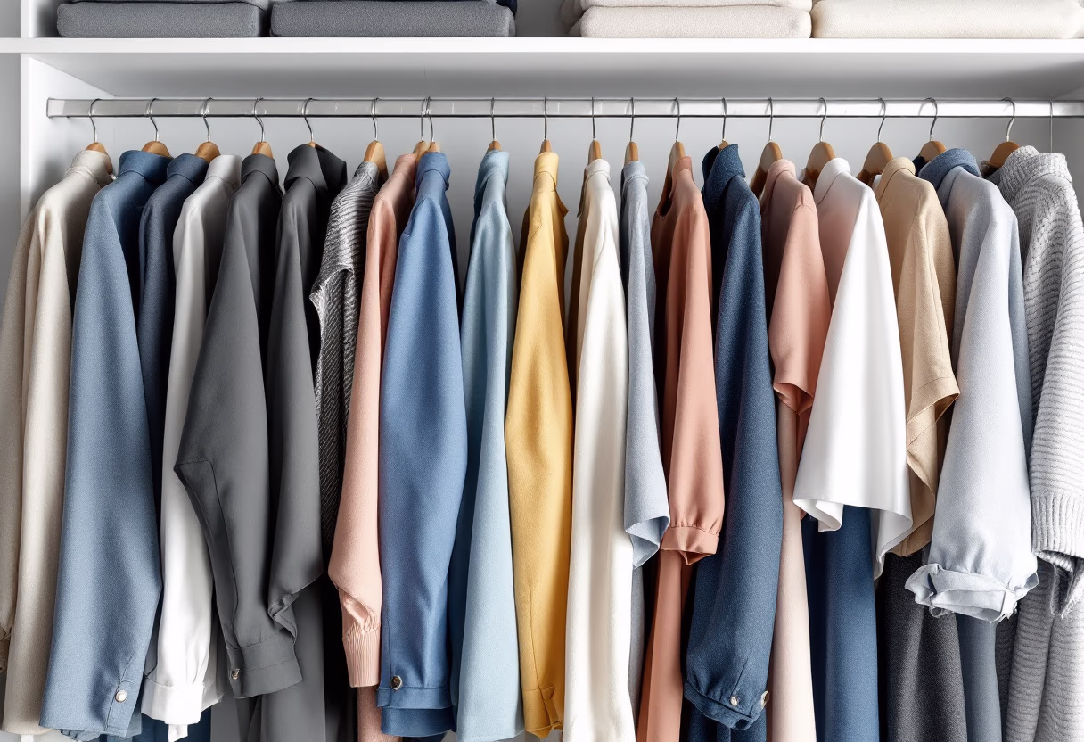[background image] well-organized wardrobe (for a garment care service)