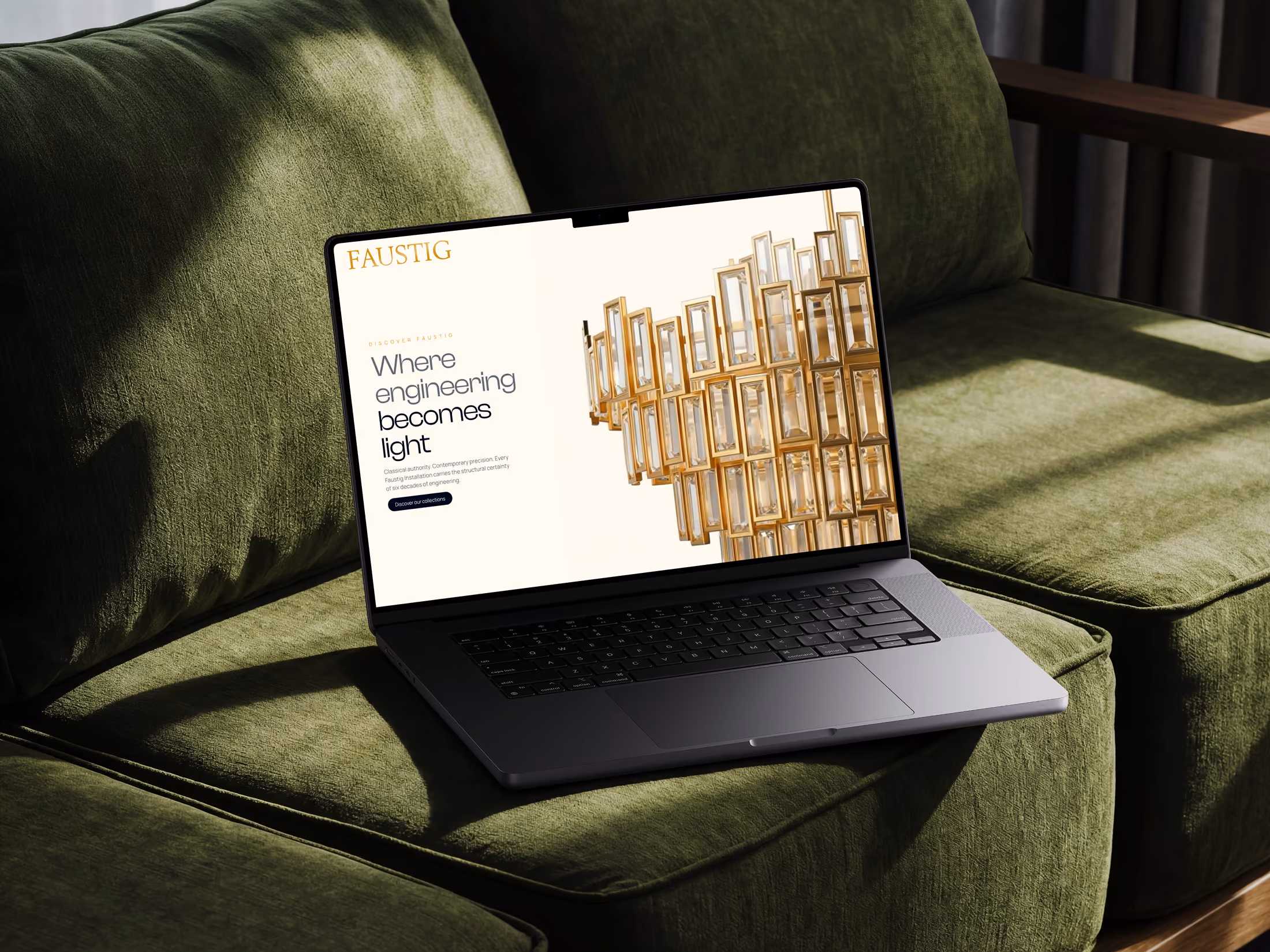 Laptop on green couch displaying a webpage about engineering and light by Faustig with a gold chandelier image.