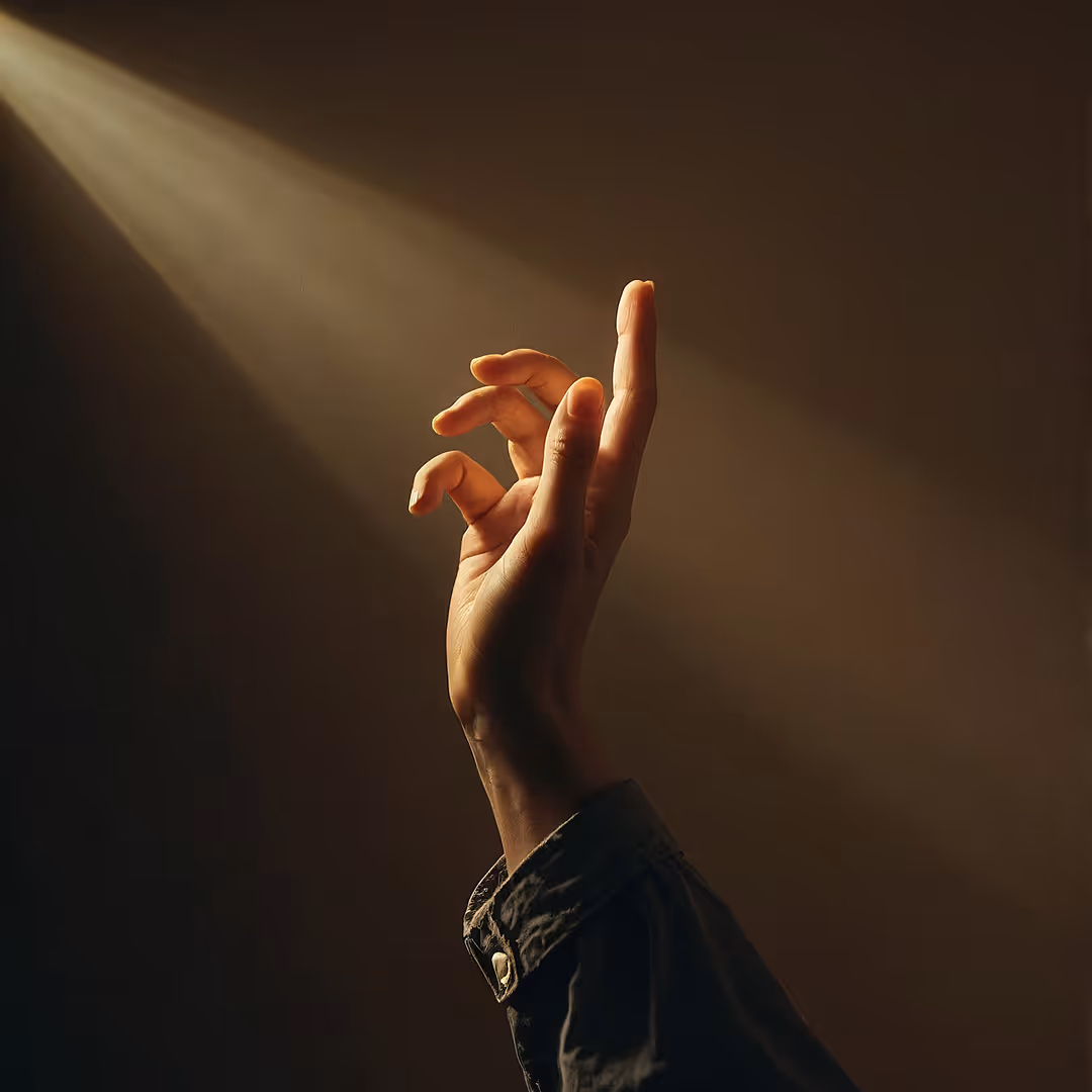 Hand reaching up toward a narrow beam of light against a dark background.