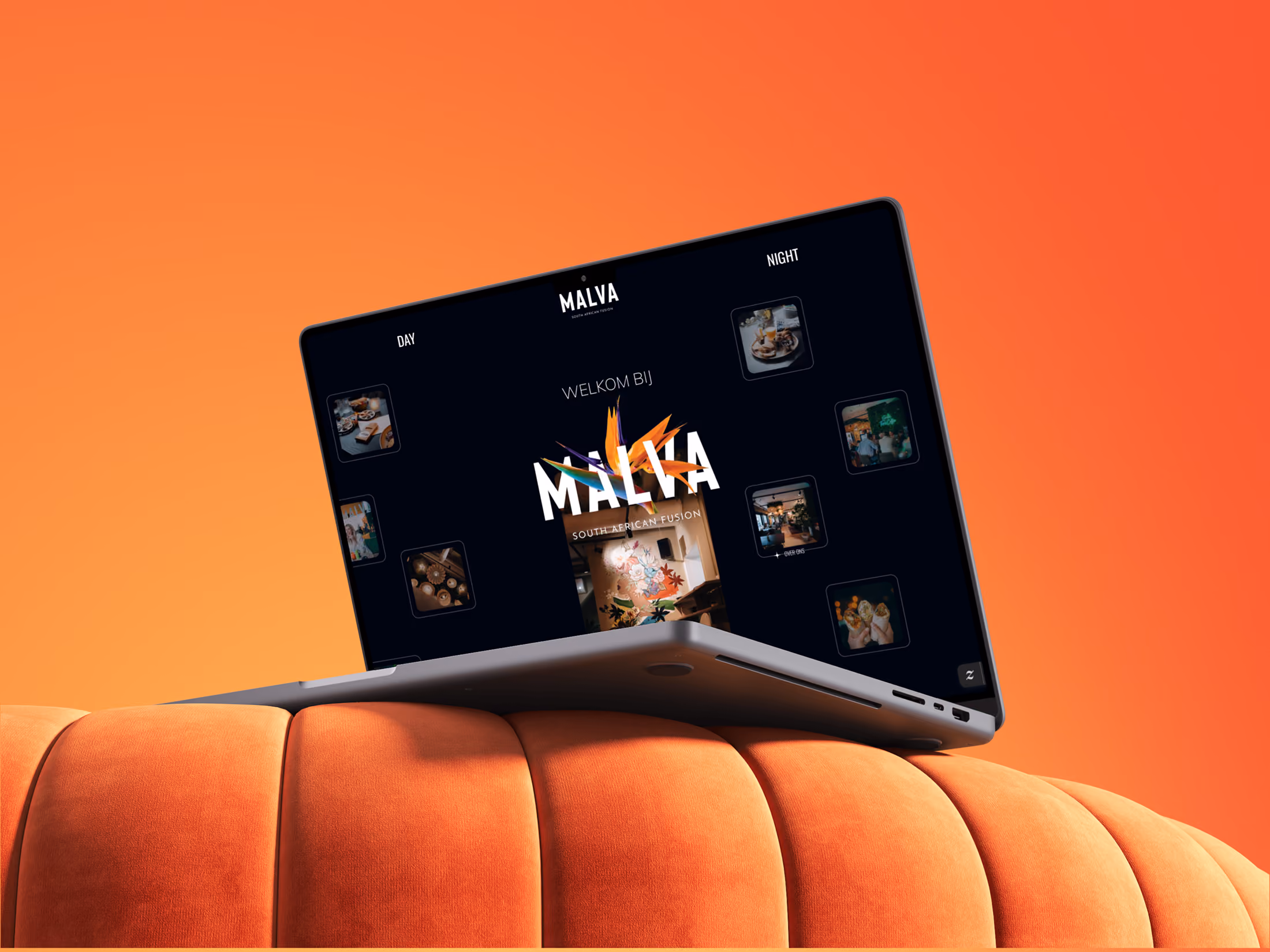 Laptop displaying Malva South African Fusion website on an orange couch with orange gradient background.