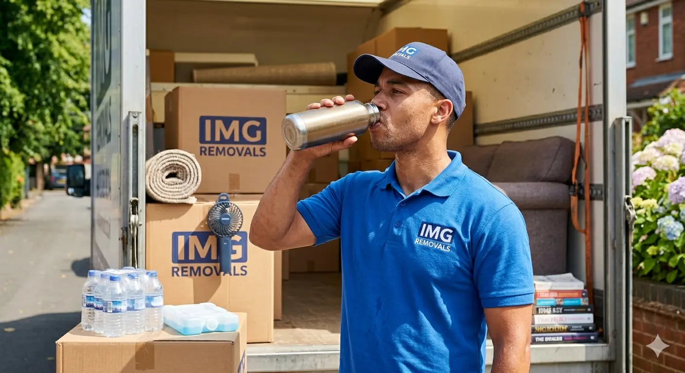 An IMG Removals team member in a blue branded polo shirt and cap drinking water from a flask to stay hydrated during a summer house move, with a moving truck, packed boxes, bottled water, and a portable fan in the background.