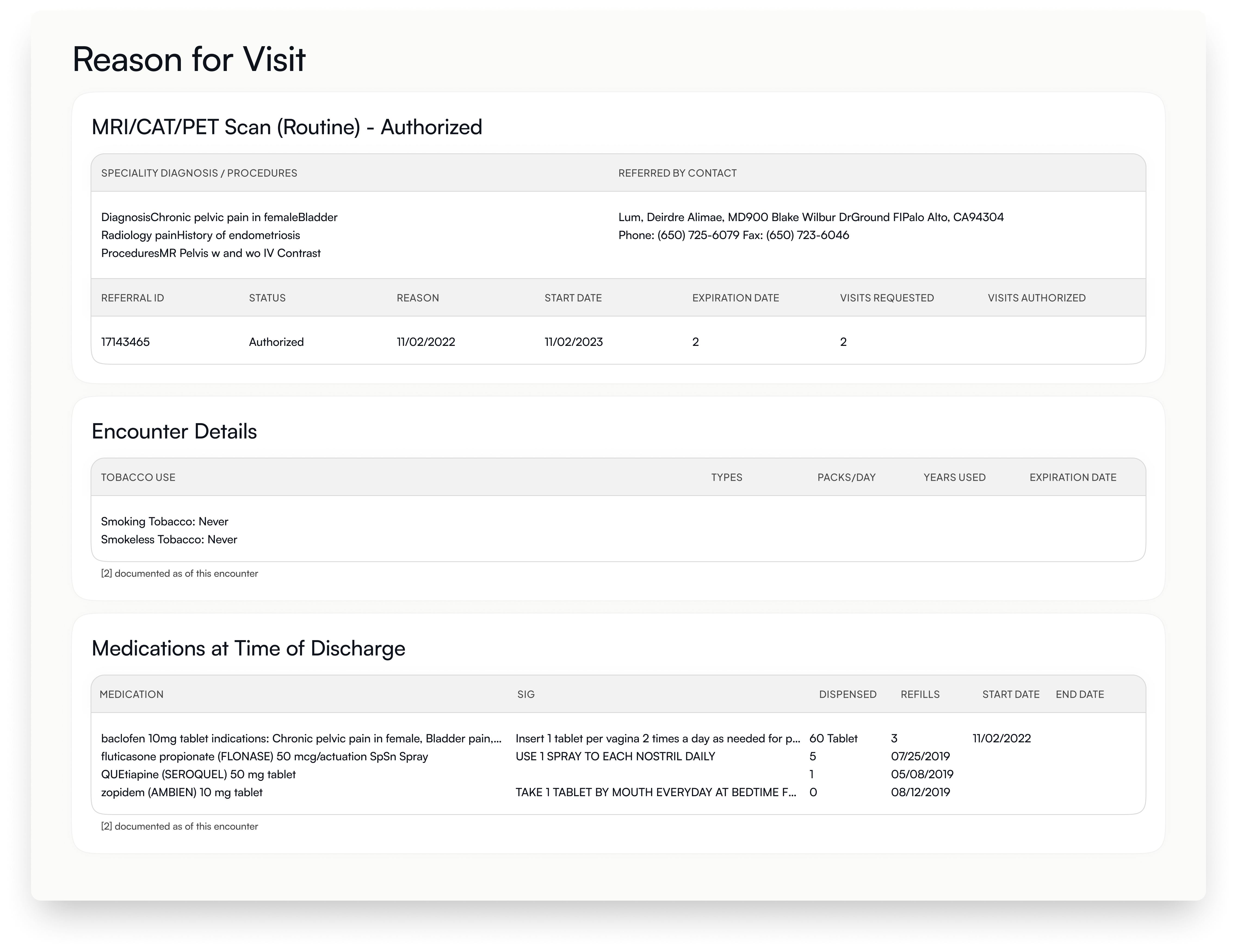 Parambil application example: Reason for Visit screen