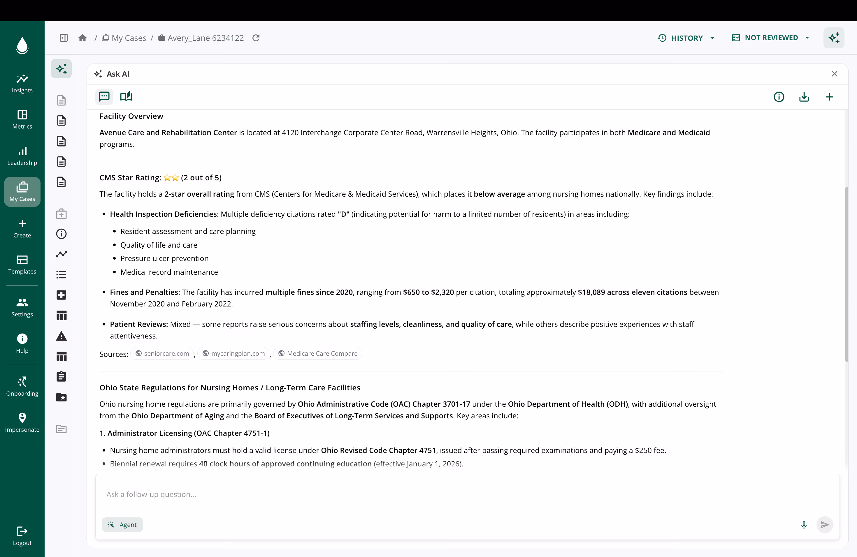 Dashboard screen showing a facility overview for Avenue Care and Rehabilitation Center with CMS 2-star rating, health inspection deficiencies, fines and penalties details, patient reviews, and Ohio state regulations for nursing homes and long-term care facilities.