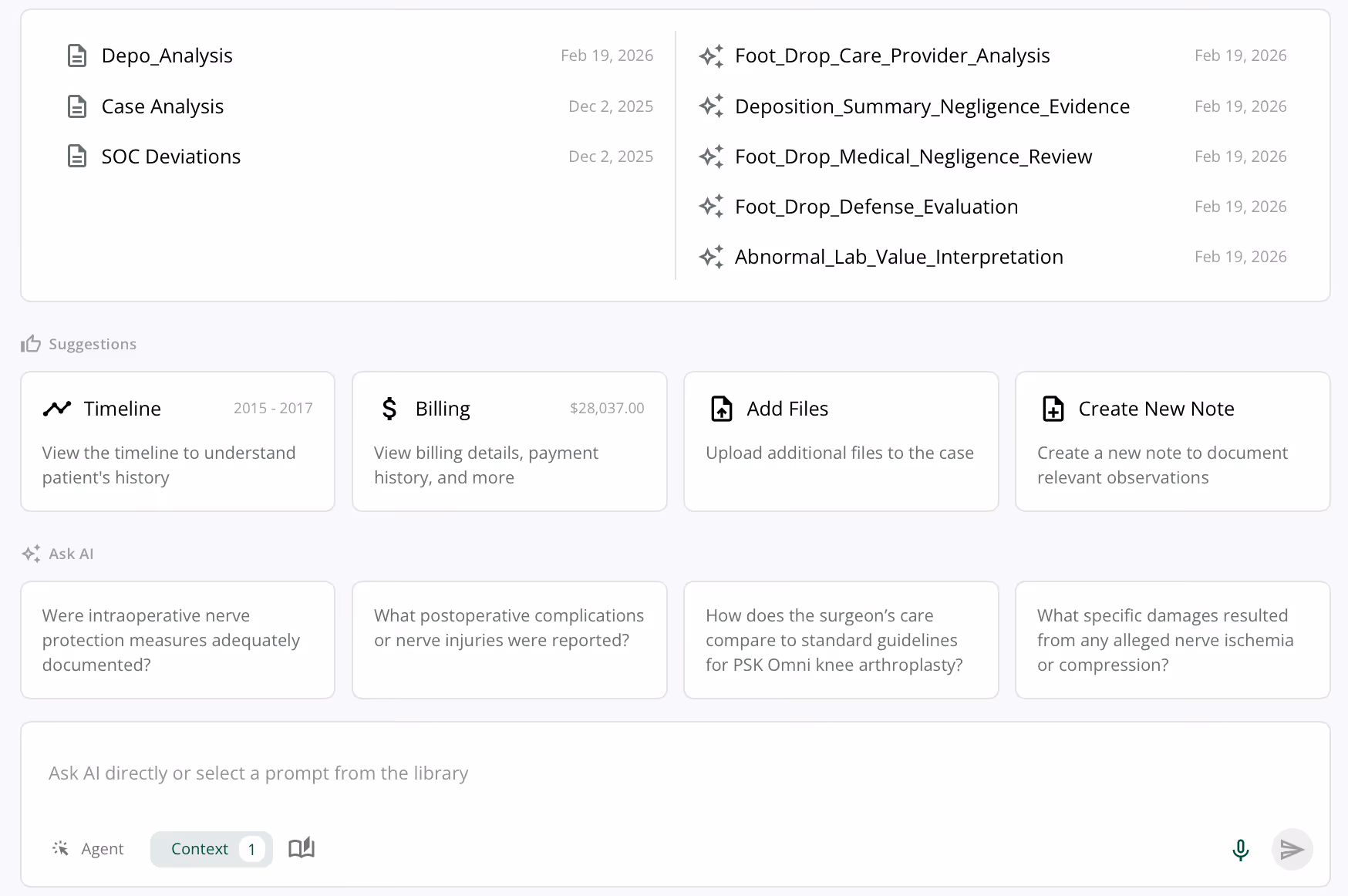 User interface displaying case files with titles and dates, suggestion cards for timeline and billing, options to add files and create notes, and AI question prompts related to nerve injury and surgical care.