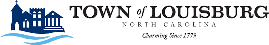 Town of Louisburg, North Caroline logo. Features a flat graphic of deep blue buildings and two light blue waves below them.