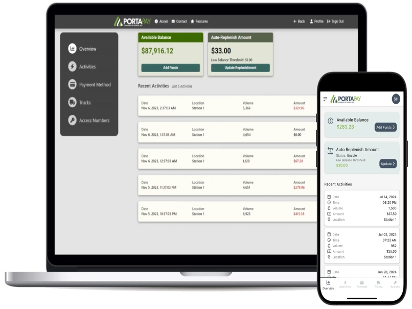 Laptop and phone displayed with Portapay desktop dashboard and mobile app dashboard.