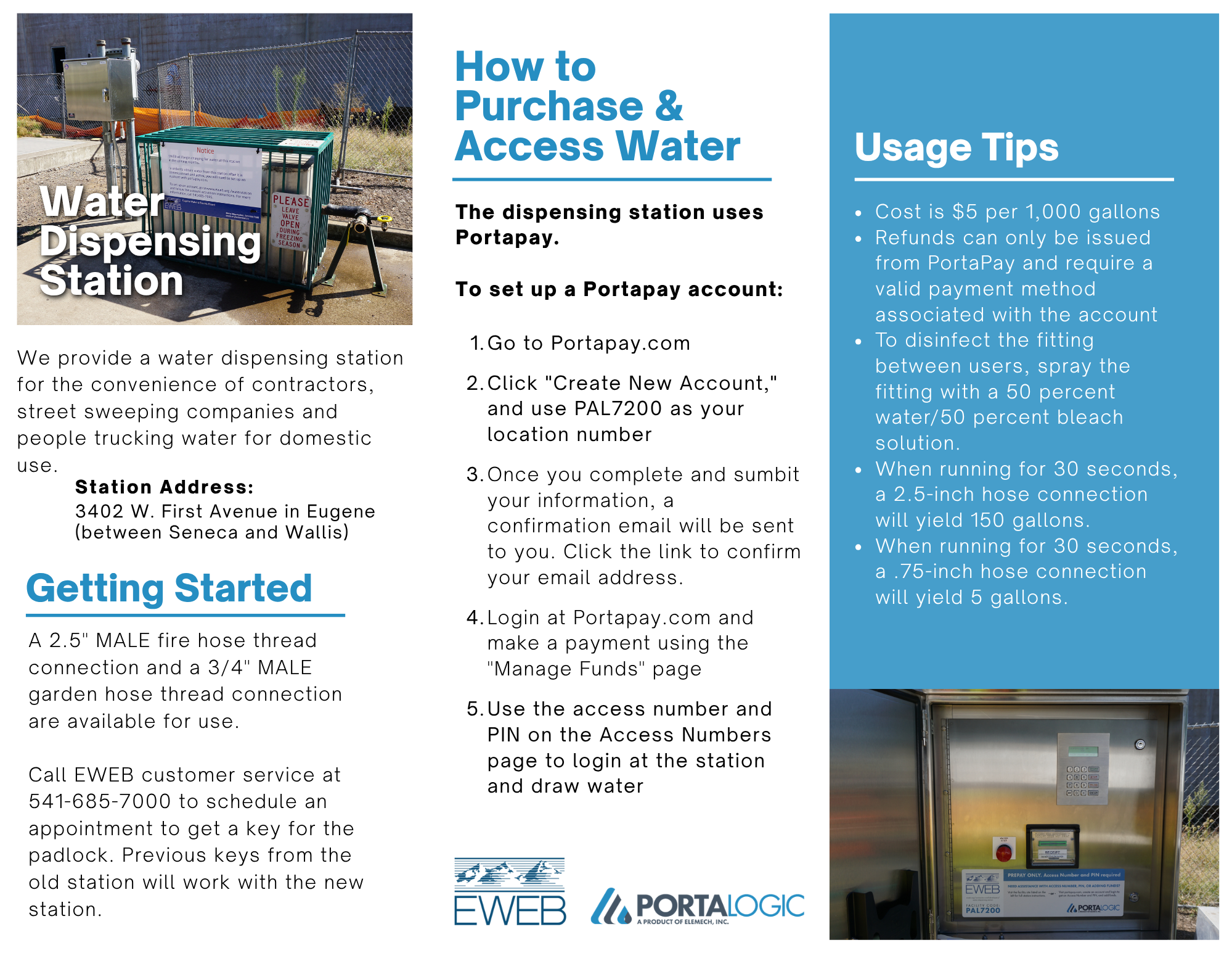 User guide for how to purchase and access water at the Portalogic EWEB Water Dispensing Station