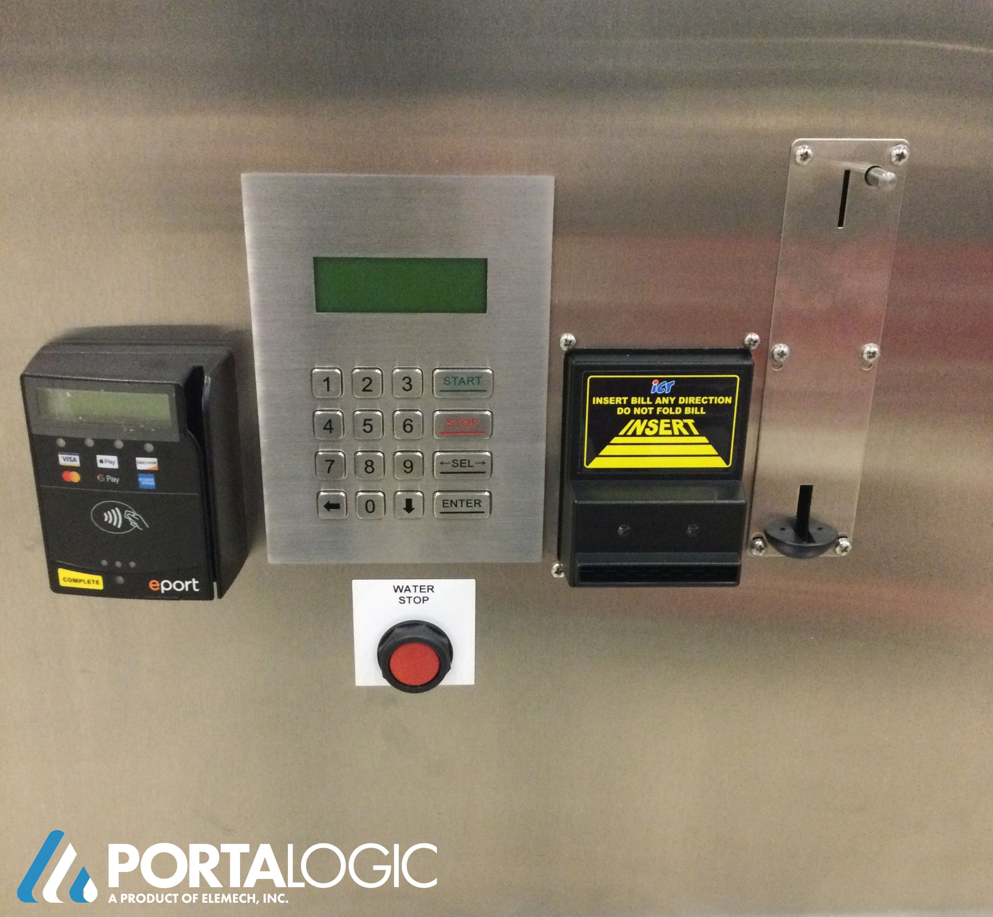 A water dispensing station with multiple payment options including a credit card reader, bill acceptor, and coin acceptor
