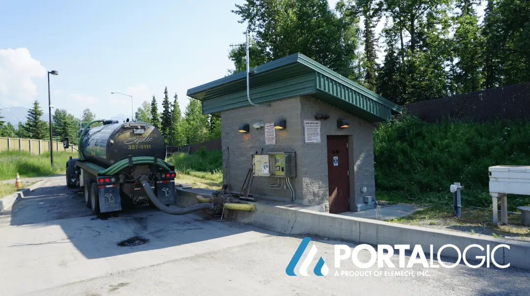 A truck dispenses metered septage at municipality