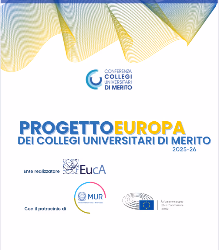 Promotional graphic for Progetto Europa dei Collegi Universitari di Merito 2025-26, featuring logos of Conferenza Collegi Universitari di Merito, EucA, MUR, and European Parliament in Italy.