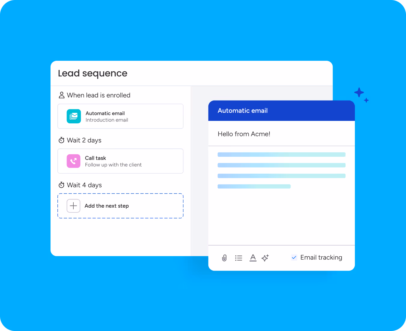CRM lead sequence interface showing automated email and follow-up call steps