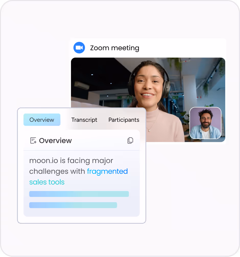 Video sales call interface with AI notetaker summarizing key points