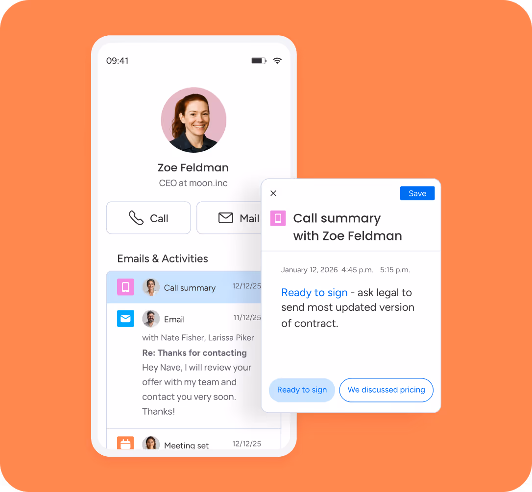 Mobile CRM interface showing a contact profile and call summary with customer details