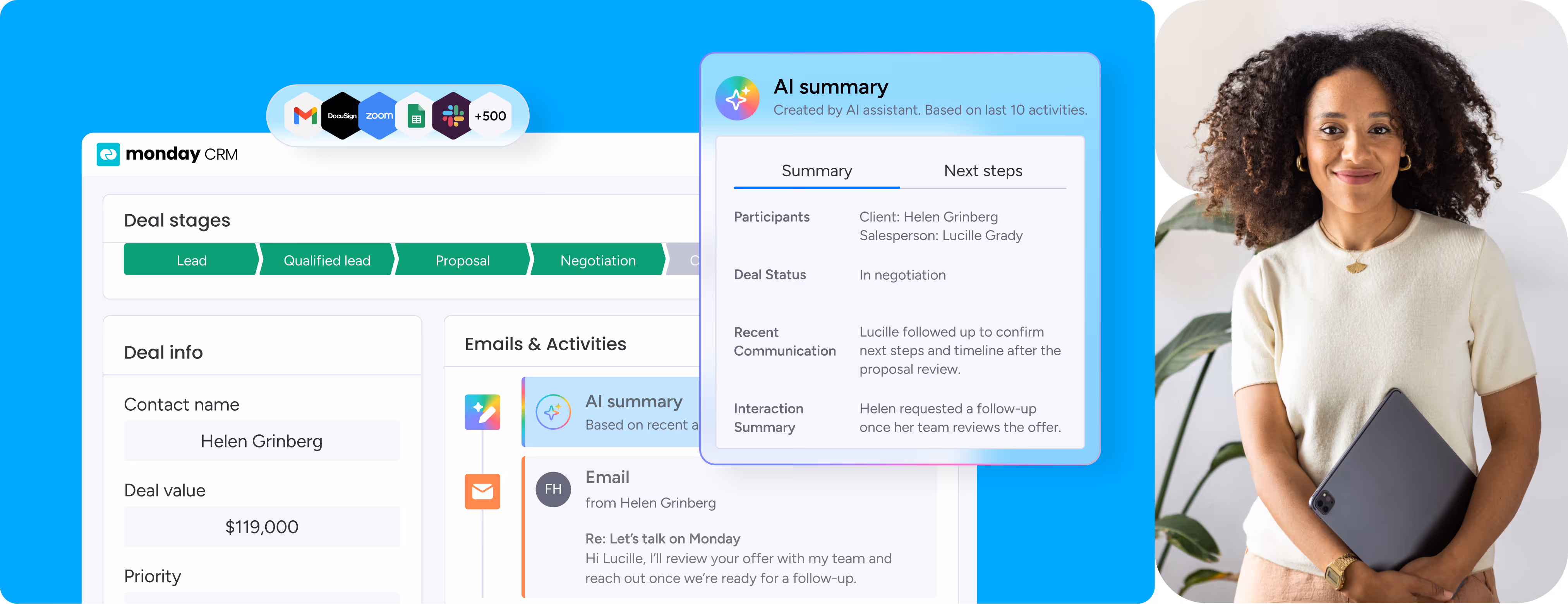 CRM interface displaying deal stages and an AI-generated summary alongside a sales professional holding a tablet