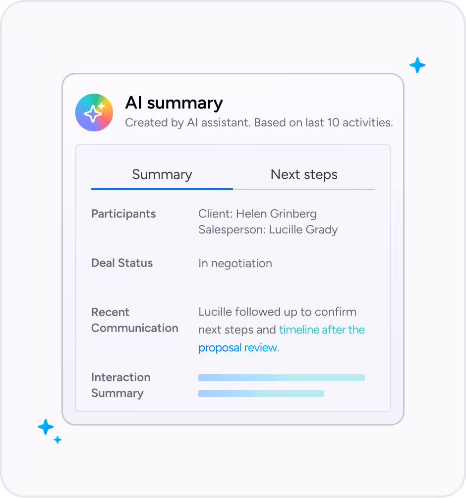 AI-generated CRM summary showing deal status and next steps
