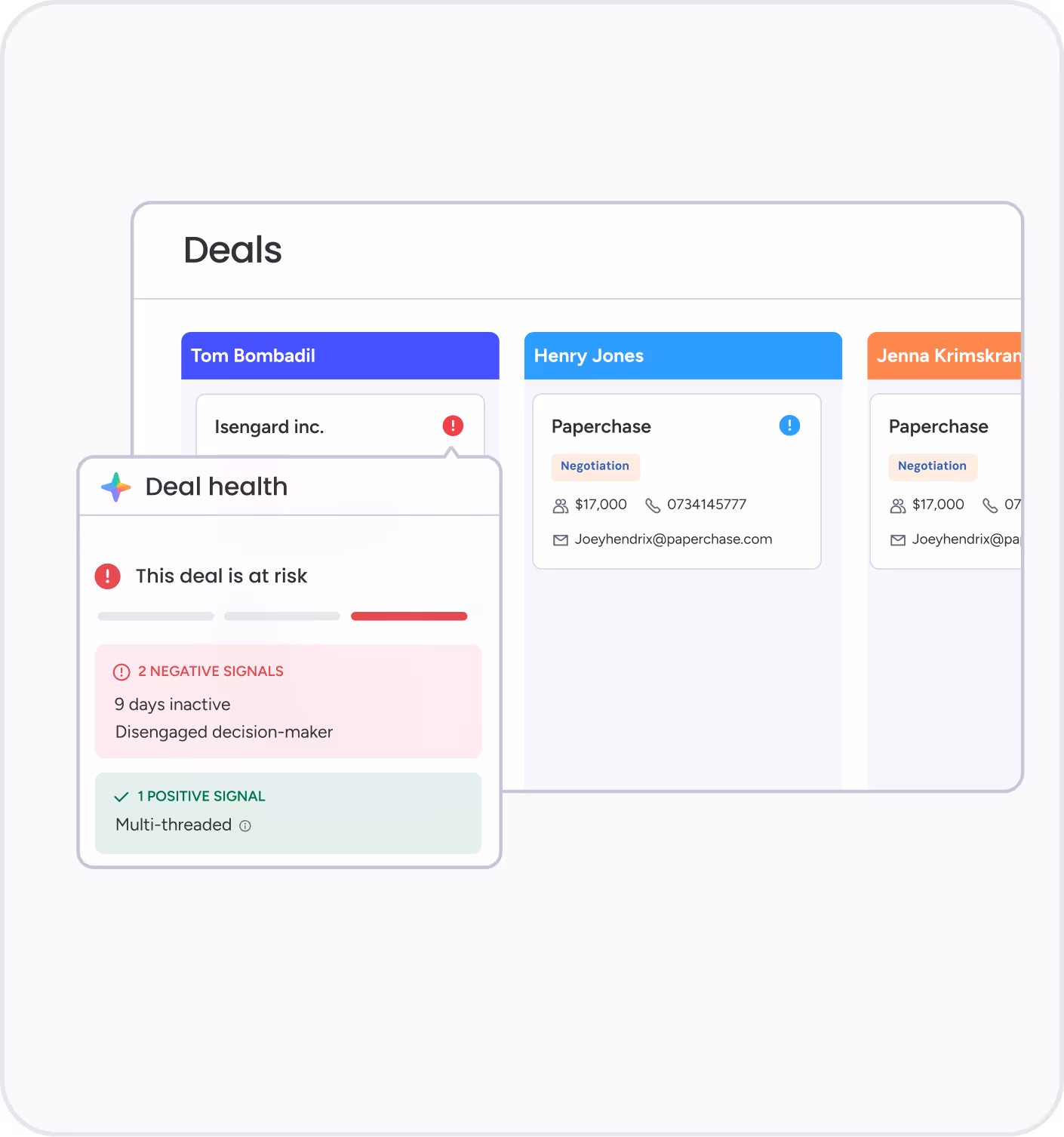 CRM deals board displaying multiple deals and their current stages