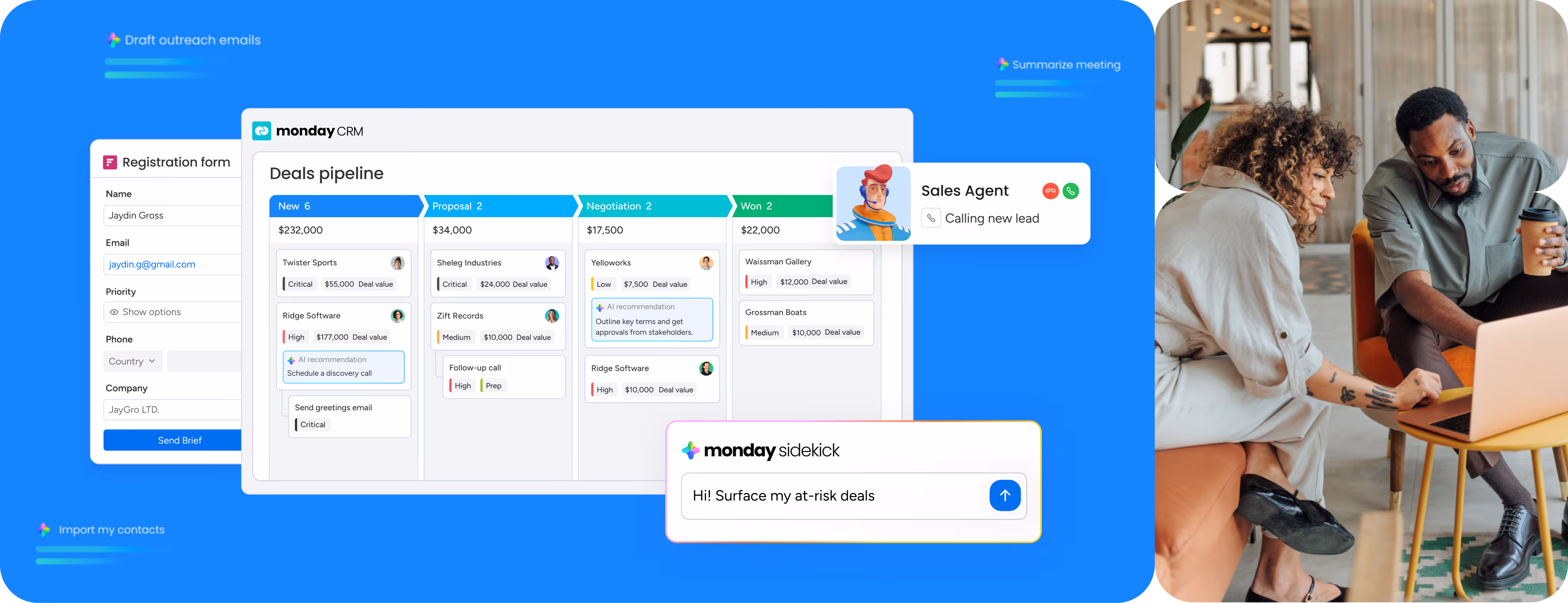 CRM interface displaying deal stages and an AI-generated summary alongside a sales professional holding a tablet
