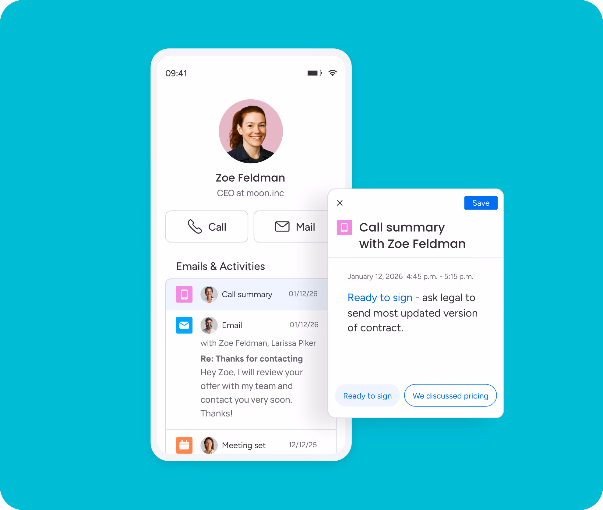 CRM lead sequence interface showing automated email and follow-up call steps
