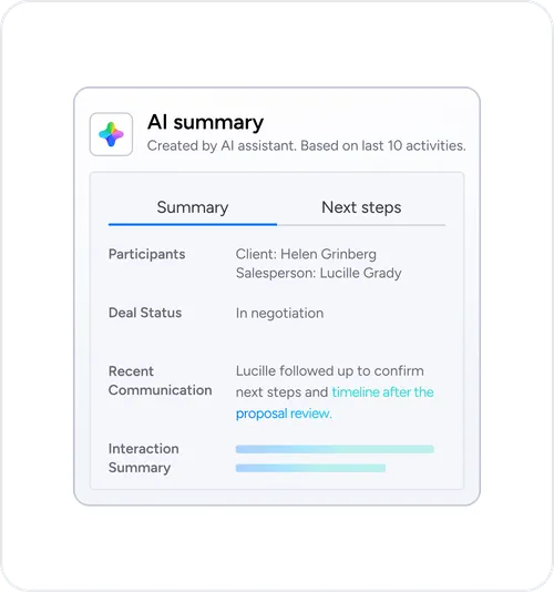 AI-generated CRM summary showing deal status and next steps