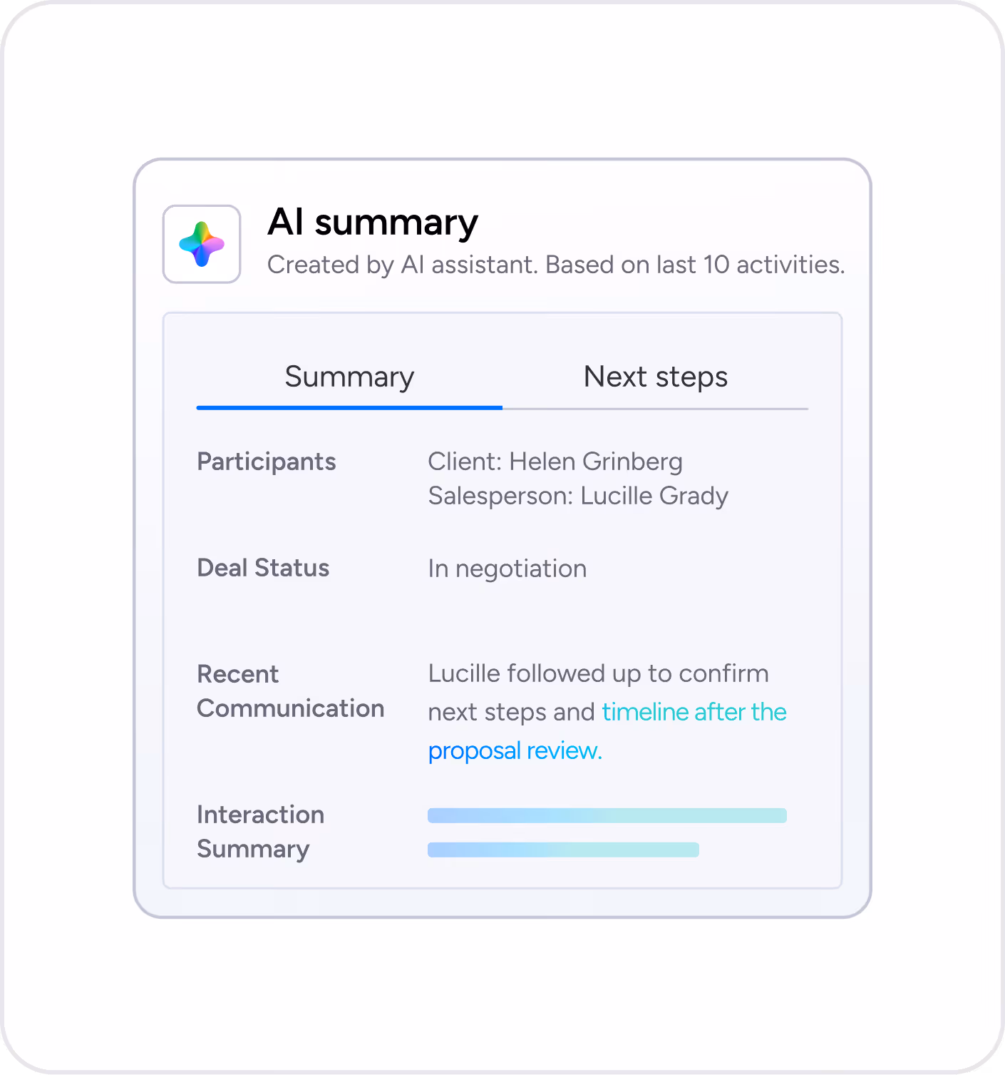 AI-generated CRM summary showing deal status and next steps