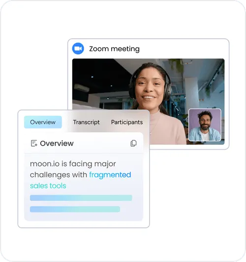 Video sales call interface with AI notetaker summarizing key points
