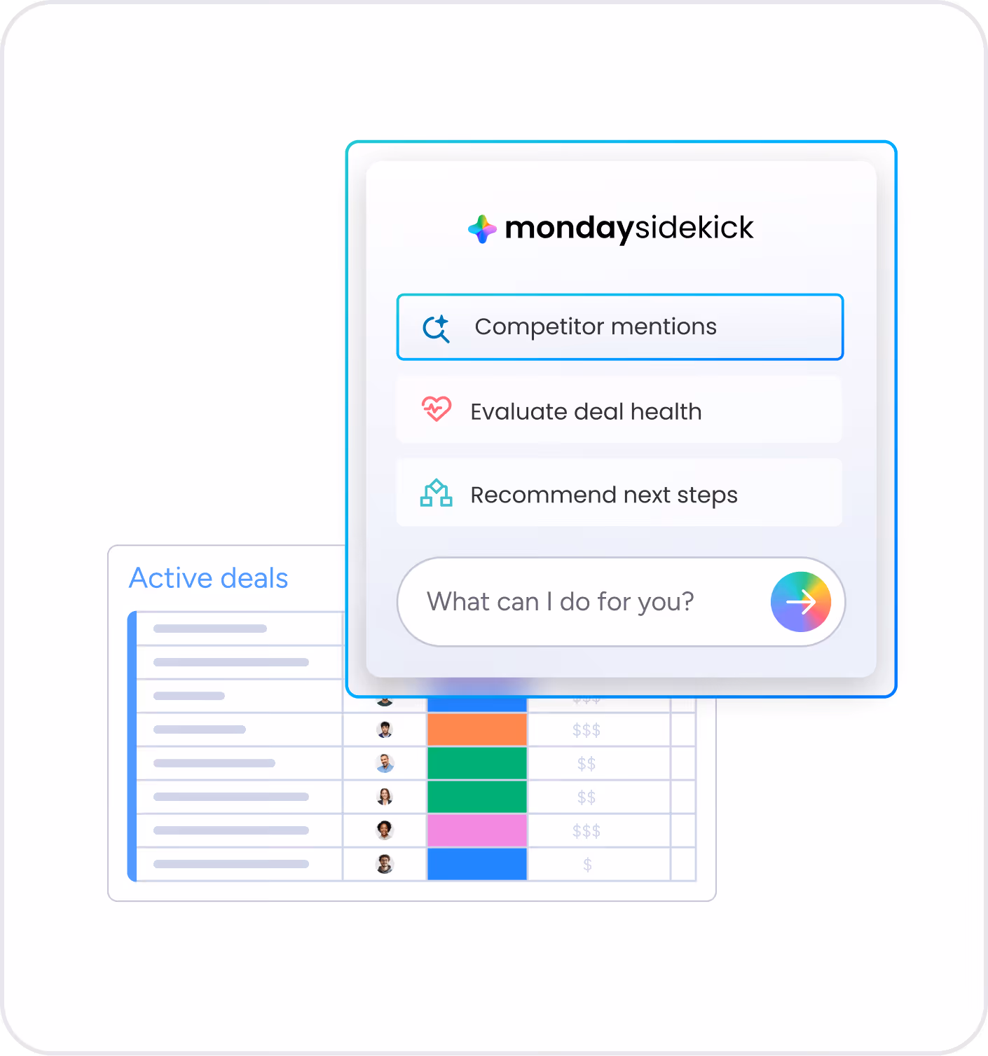 AI CRM assistant interface showing competitor insights, deal health, and recommended next steps