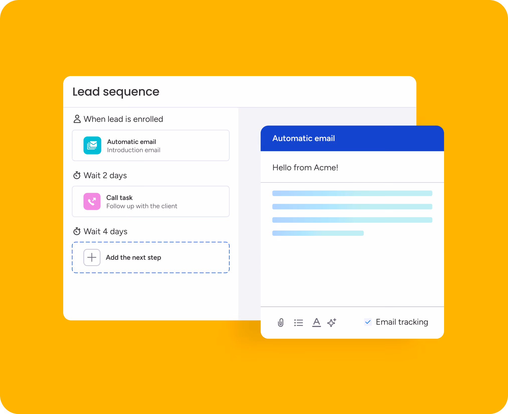 CRM lead sequence interface showing automated email and follow-up call steps