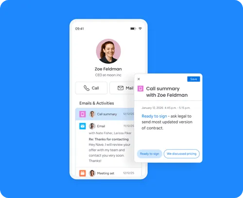 Mobile CRM interface showing a contact profile and call summary with customer details