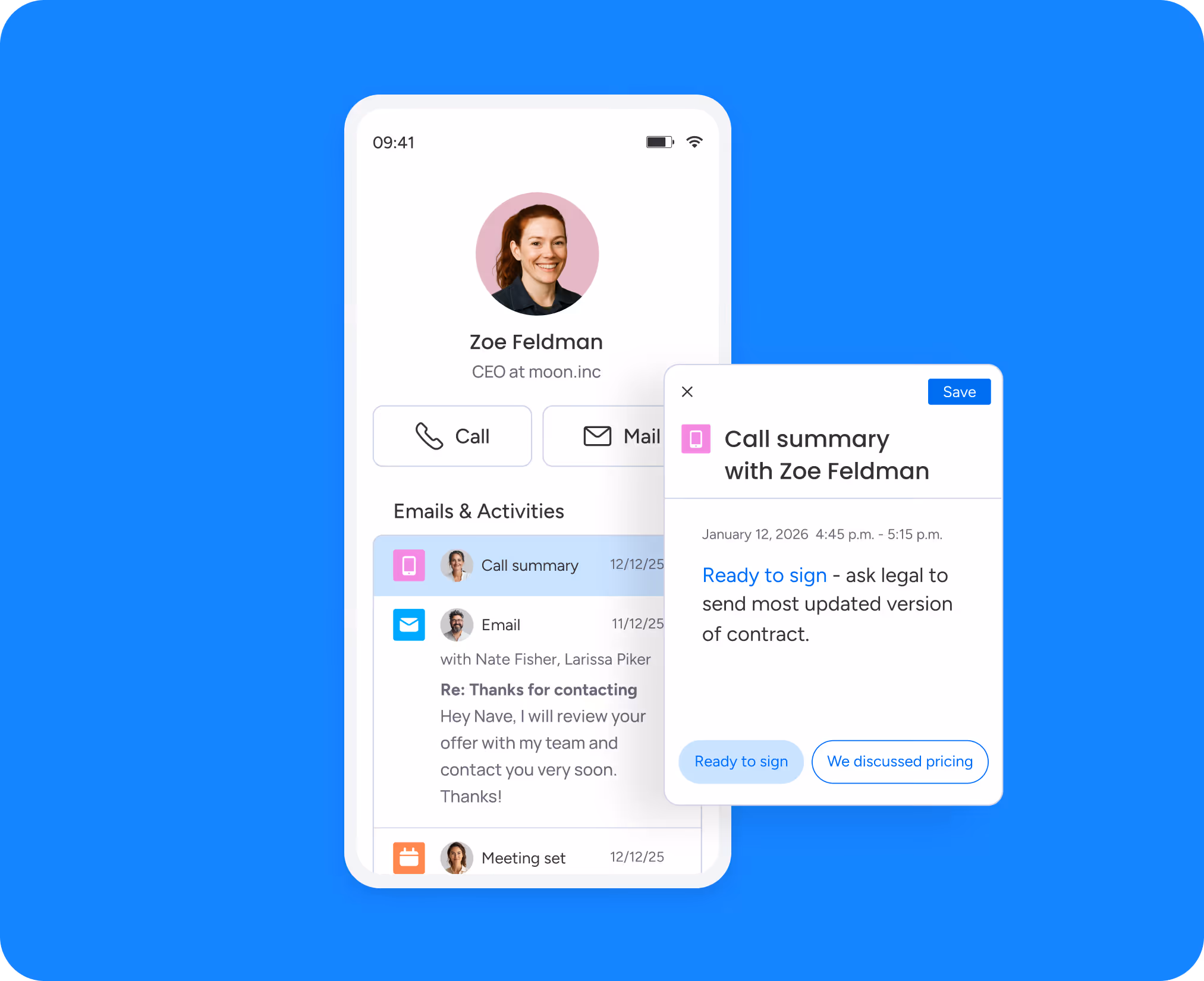 Mobile CRM interface showing a contact profile and call summary with customer details