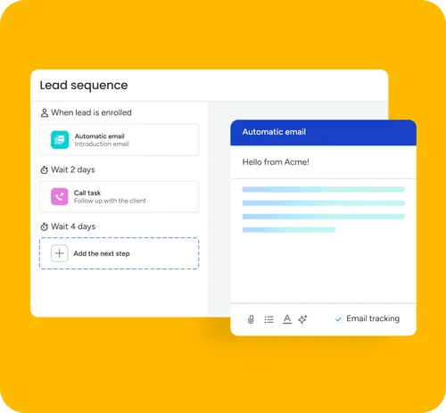 CRM lead sequence interface showing automated email and follow-up call steps