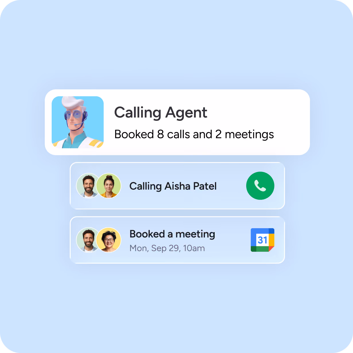 AI sales agent avatar calling a lead and booking a meeting automatically