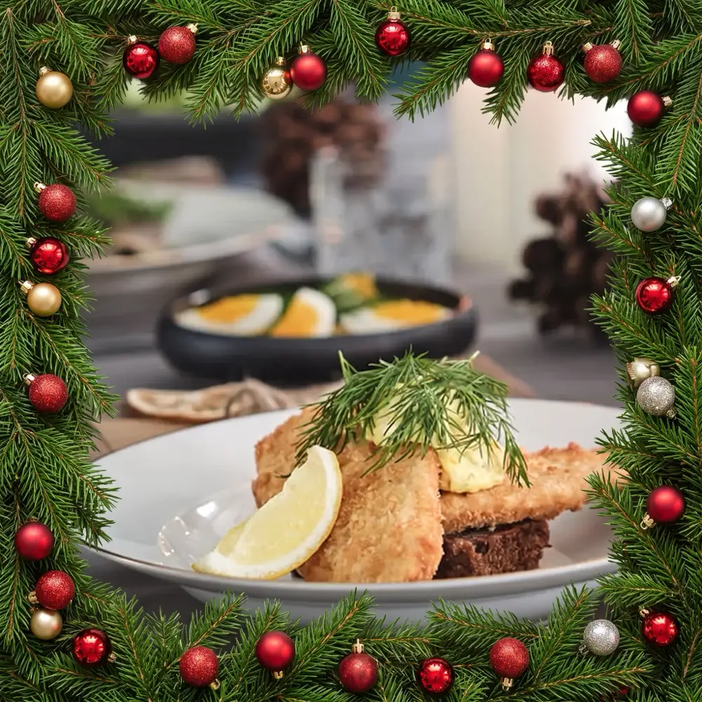 Julemad: Paneret fisk med citron, råddersmør og frisk dild på en hvid tallerken.