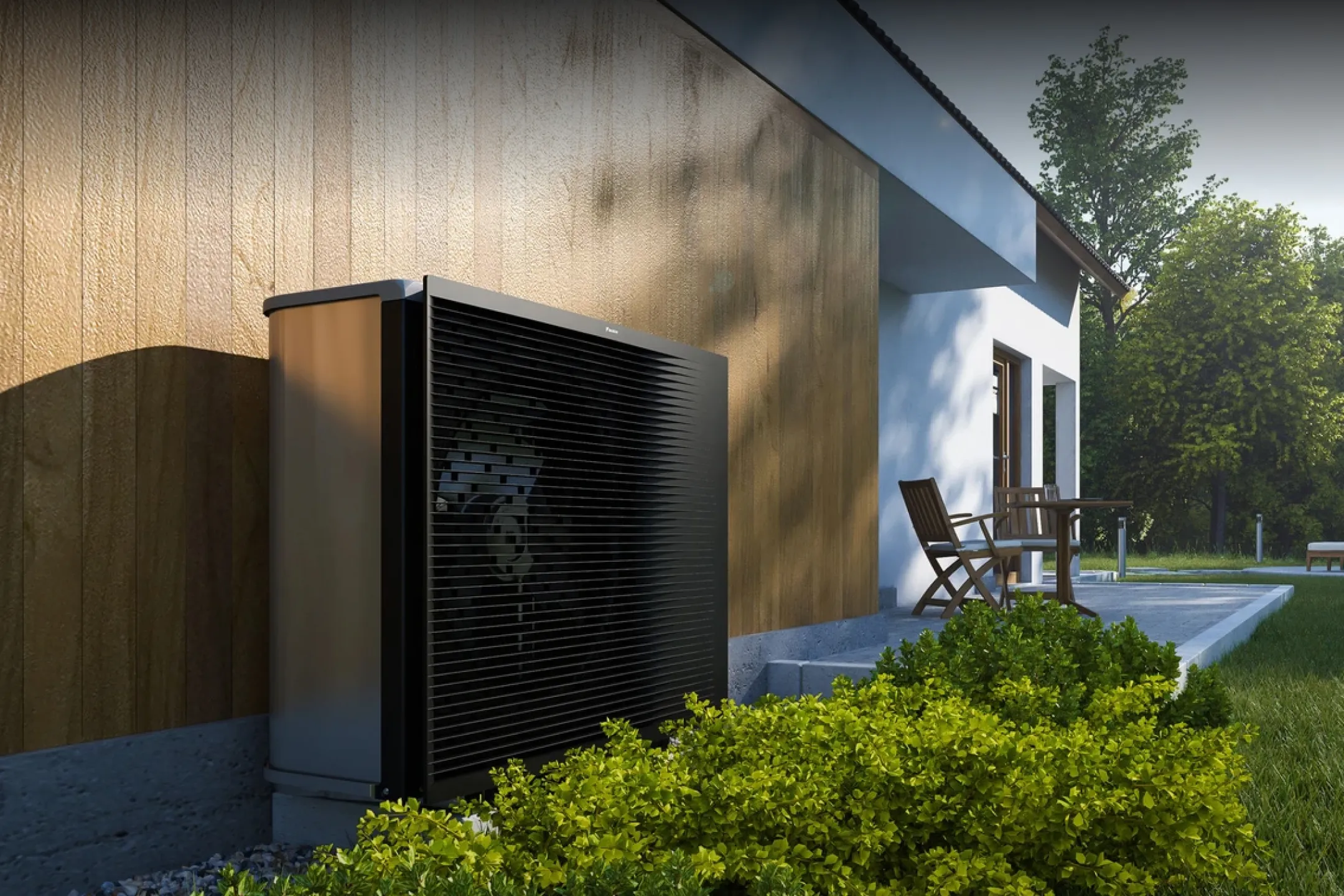 A sleek looking black external air conditioning unit fan. Outside a wooden panelled property.