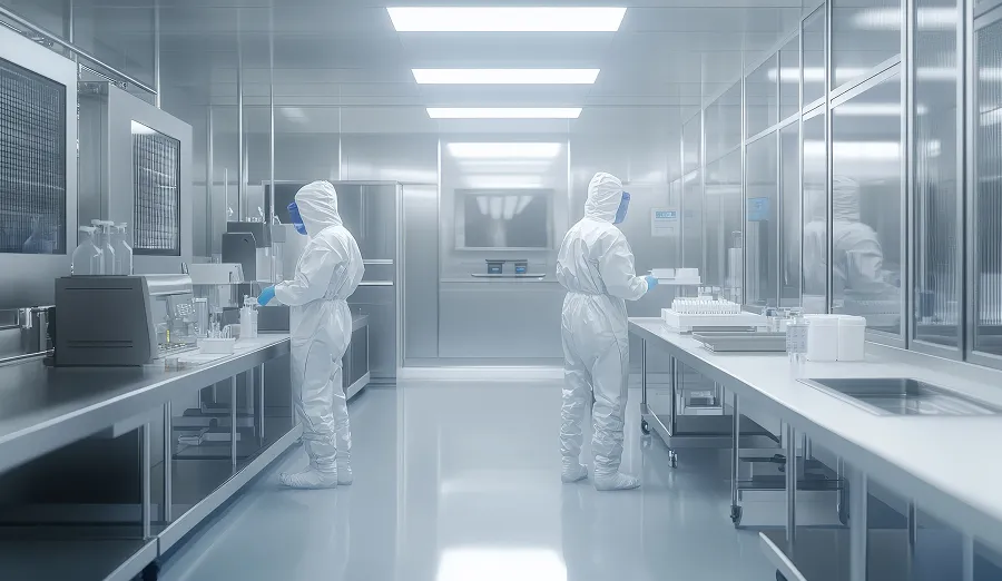 Inside a clean laboratory with people wearing hazmats and working with equipment.