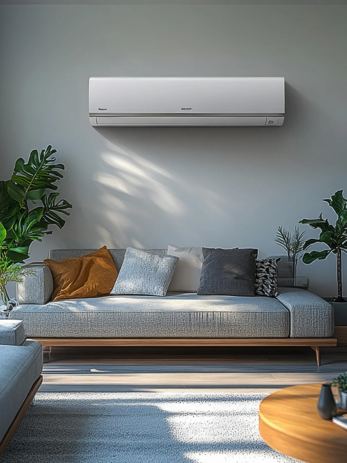 A modern interior in grey, with a air conditioning unit positioned above a couch.