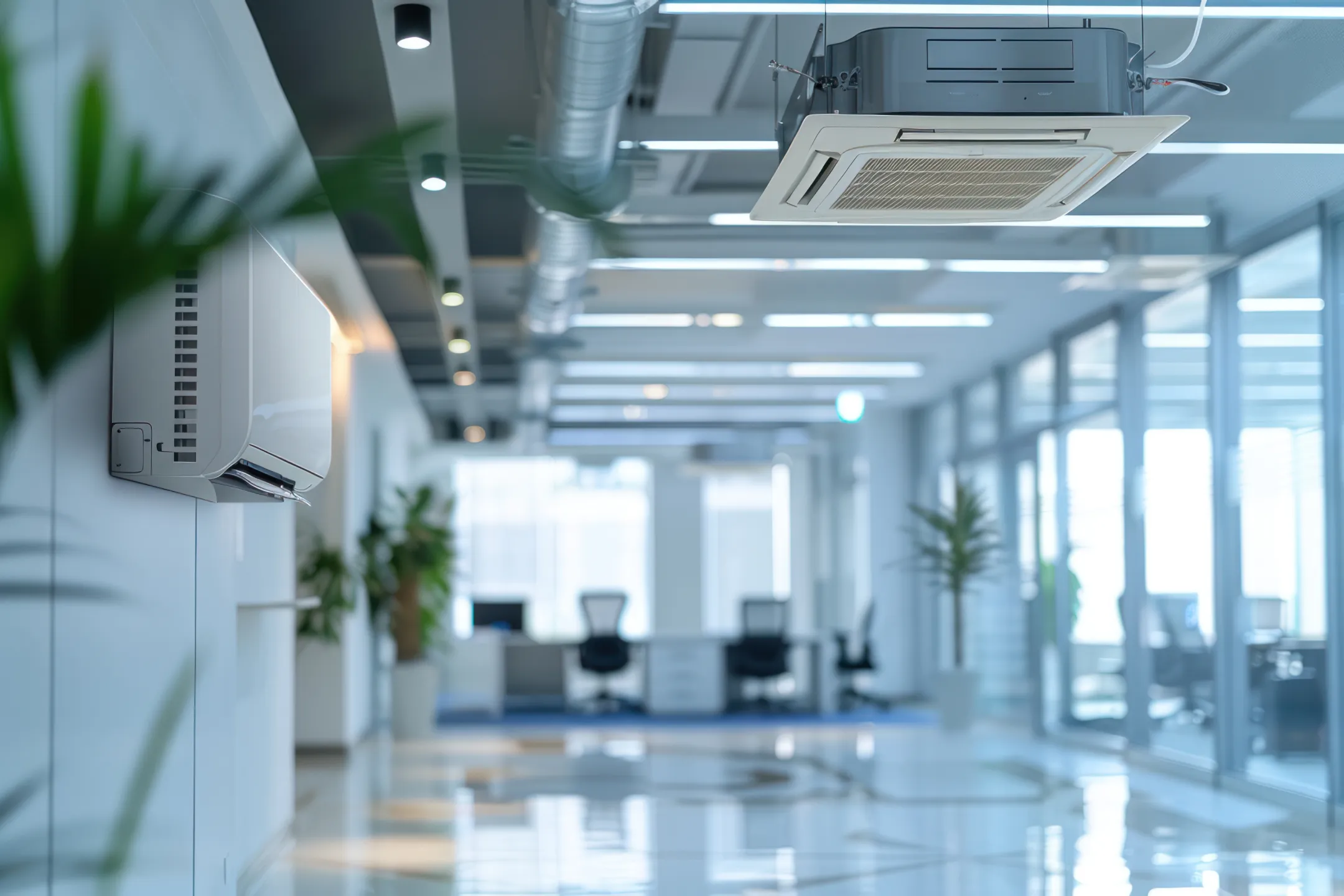 A ceiling air conditioning unit in focus with the bright office setting out of focus.