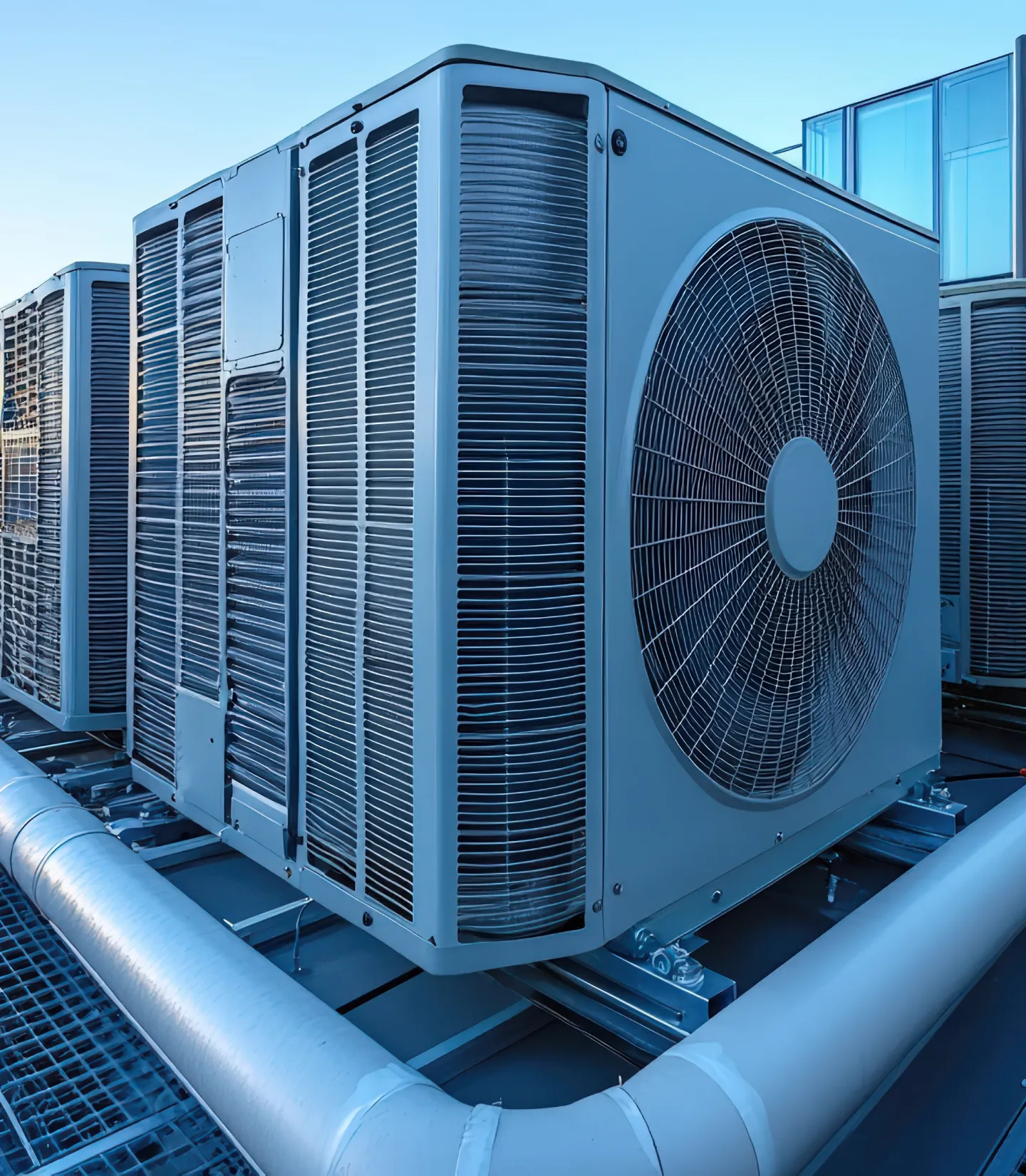 Industrial outdoor cooling fans mounted on a building exterior.