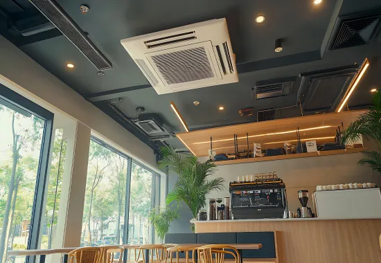 Warm, wood-furnished cafe interior with seating and plants.