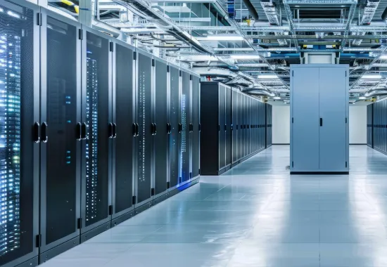 Inside a data centre with reflective floors, server racks, and controlled lighting.