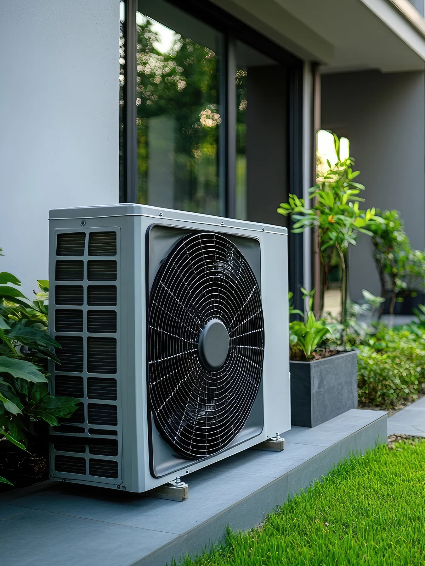 An external HVAC air conditioning unit against a building.