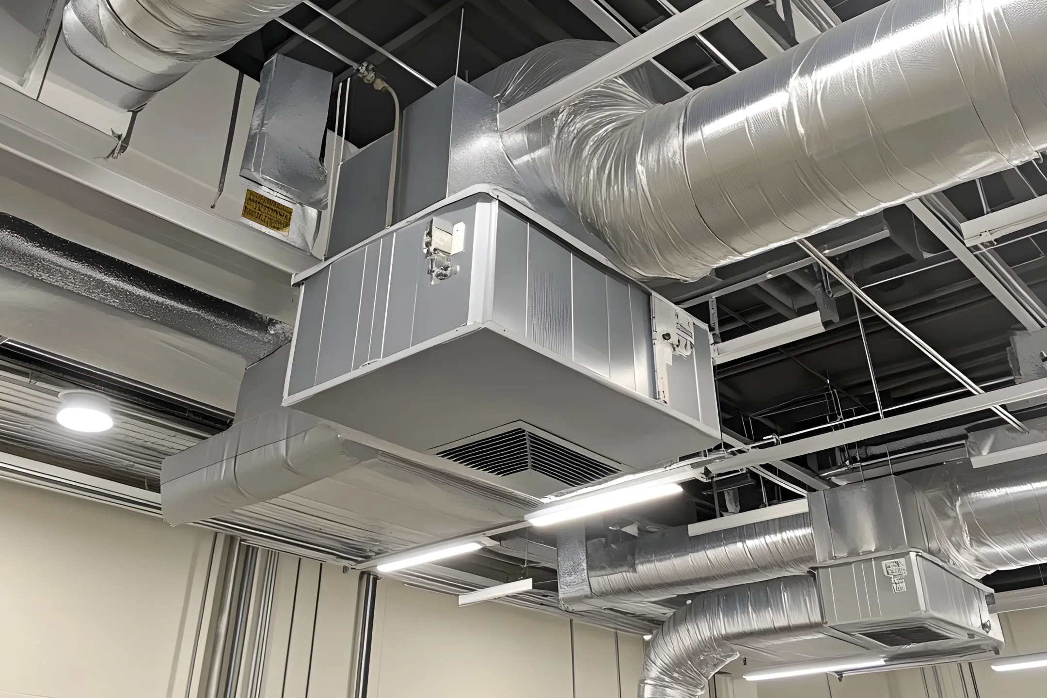 Industrial interior with ducting, vents, and machinery.