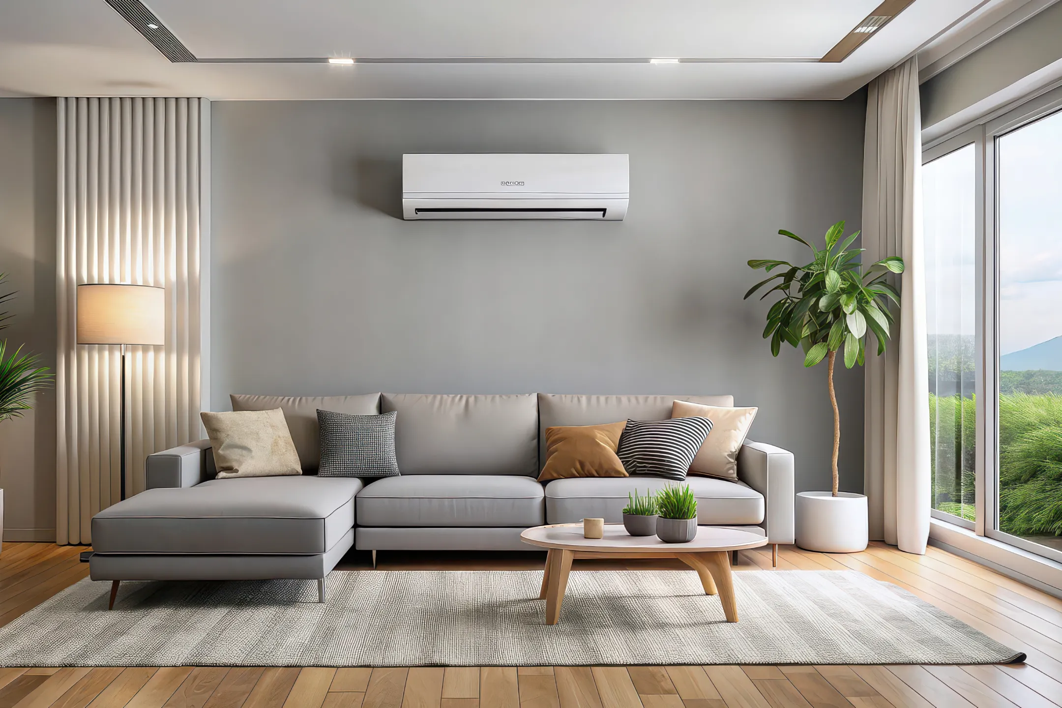 Contemporary living room with sofa, chairs, plants and bright natural light.
