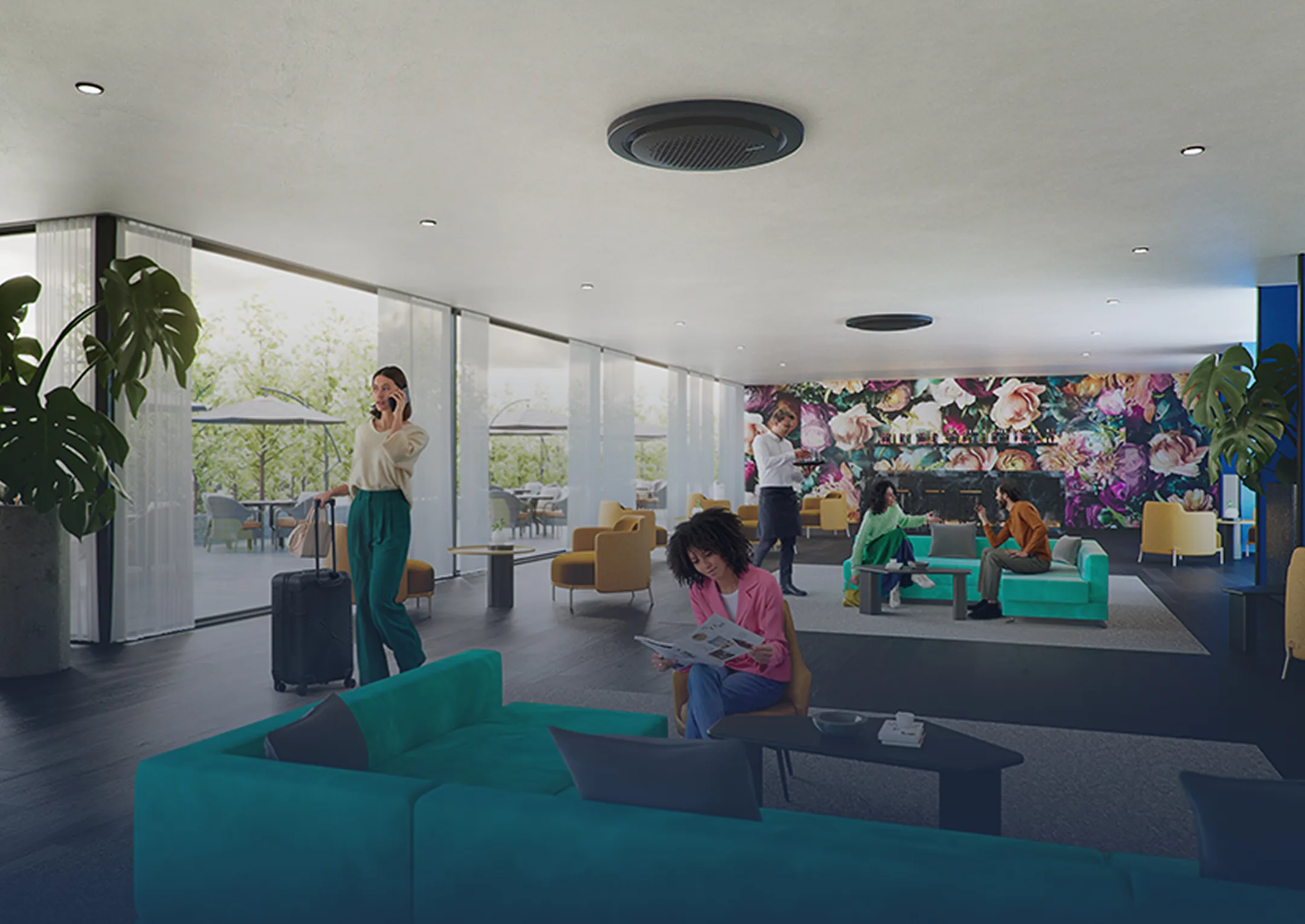 Modern office area with green chairs, a sofa, and bright wall décor.