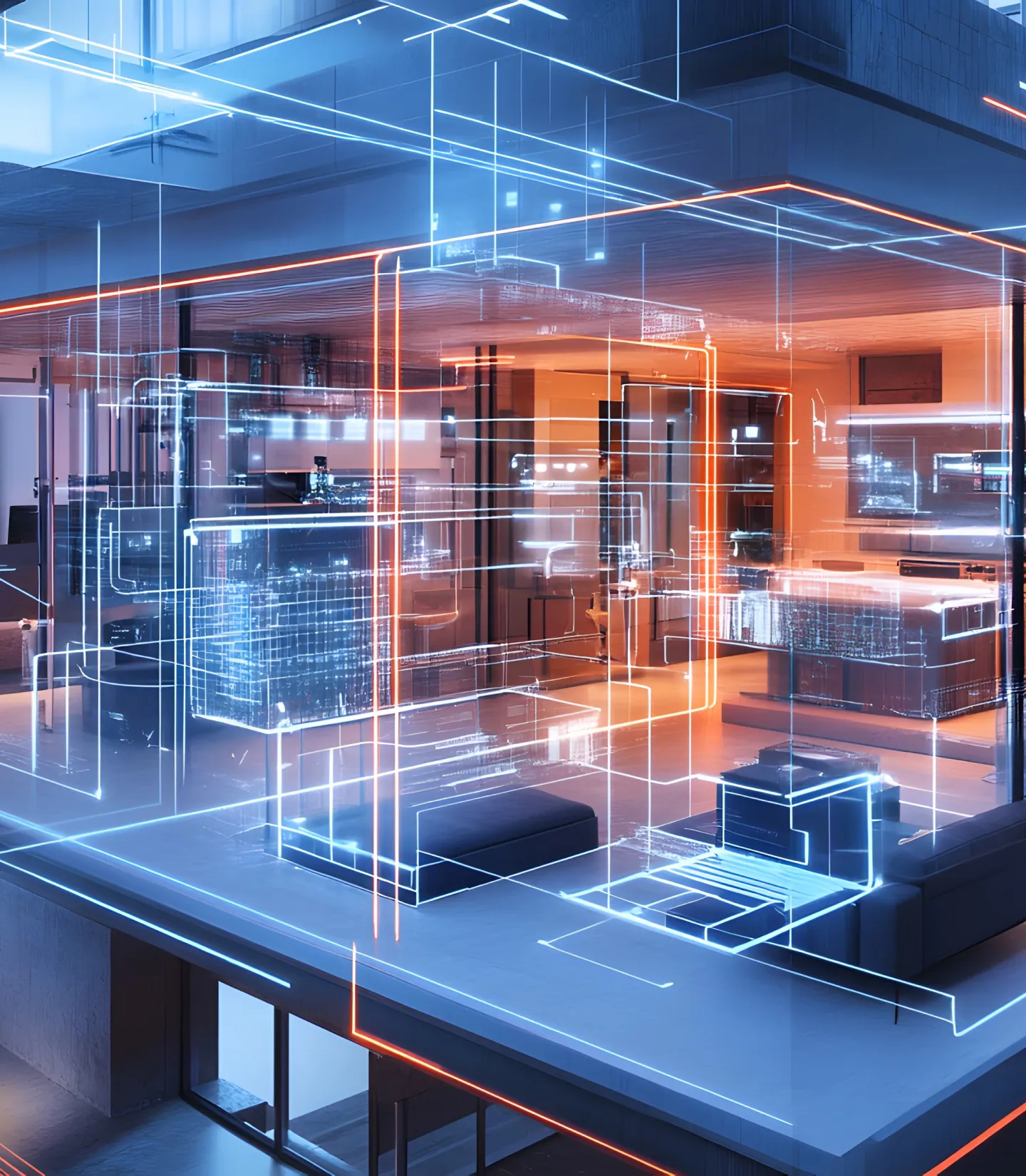 Industrial interior with exposed piping and cooling systems lit by blue light.